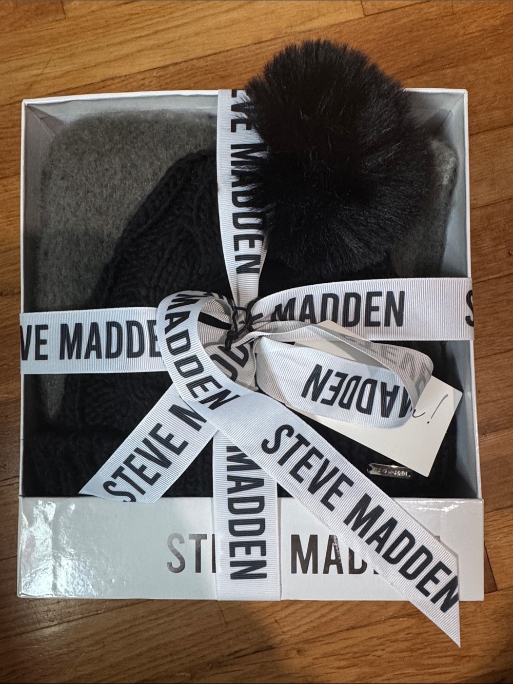 Steve Madden Black Knit Pom Beanie & Grey Scarf Set